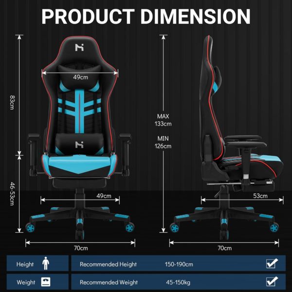 Chaise Gaming Ergonomique avec Repose-Pied Télescopique Dimensions